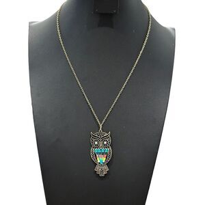 Brass‎ Tone Owl Necklace with Enamel Multicolor Beads Rhinestones VTG 22"